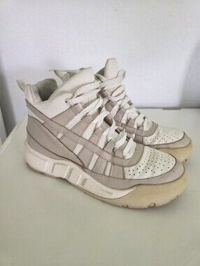 Zara White and Taupe/Beige Leather High-Top Sneakers